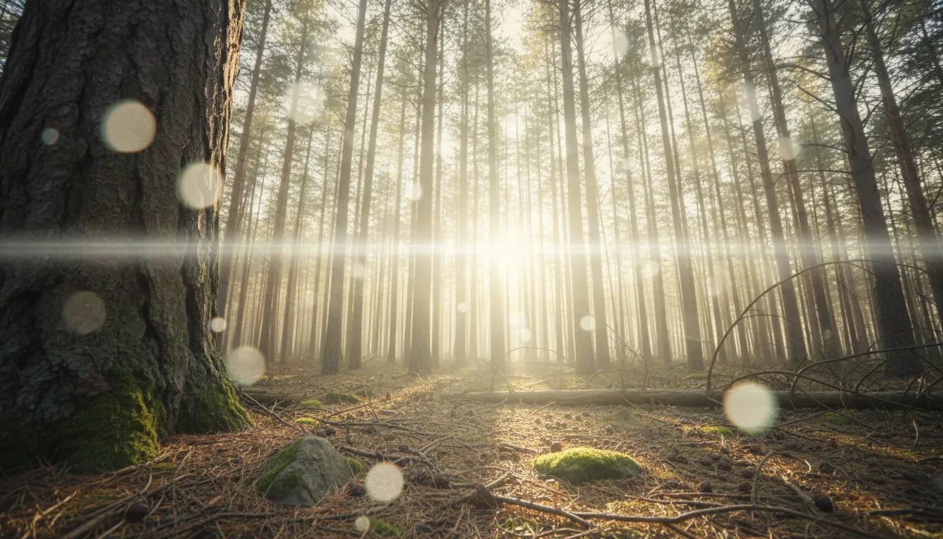 DSLR photograph of a sunlit pine forest, viewed from a ground-level perspective. The scene is heavily backlit by intense, bright sunlight filtering through the tall trees, creating a hazy, dreamy, and washed-out atmosphere. Prominent, soft cinematic lens flare and large bokeh orbs dominate the image. In the foreground, the rough bark of a large tree trunk is visible on the left, with moss and fallen branches covering the forest floor, which is caught in a patch of direct light. The overall focus is soft, with muted colors, creating an ethereal and peaceful mood.