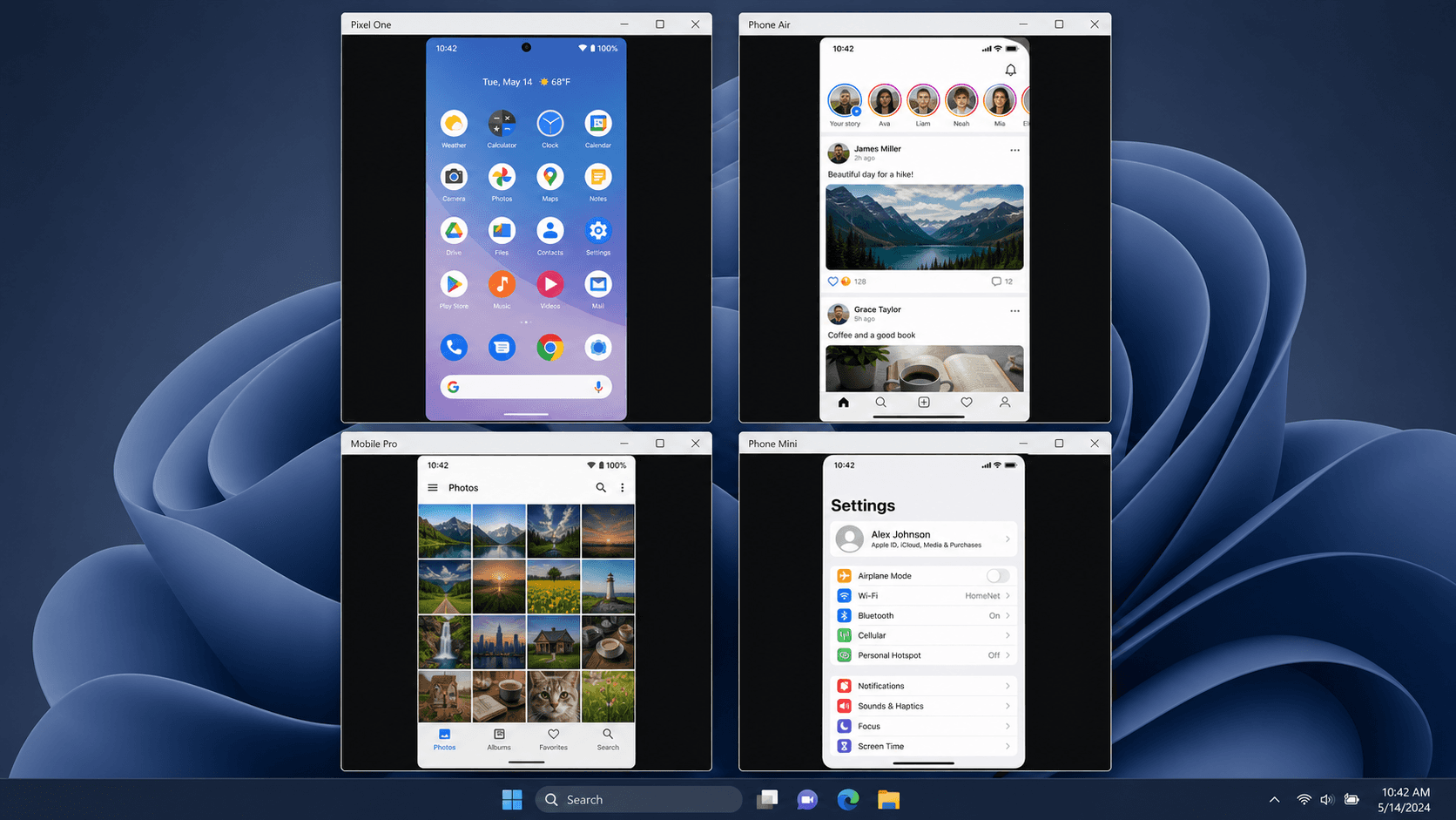 A Windows desktop receiving four mirrored phone screens simultaneously in separate windows, showing two Android and two iOS device interfaces in a grid layout.