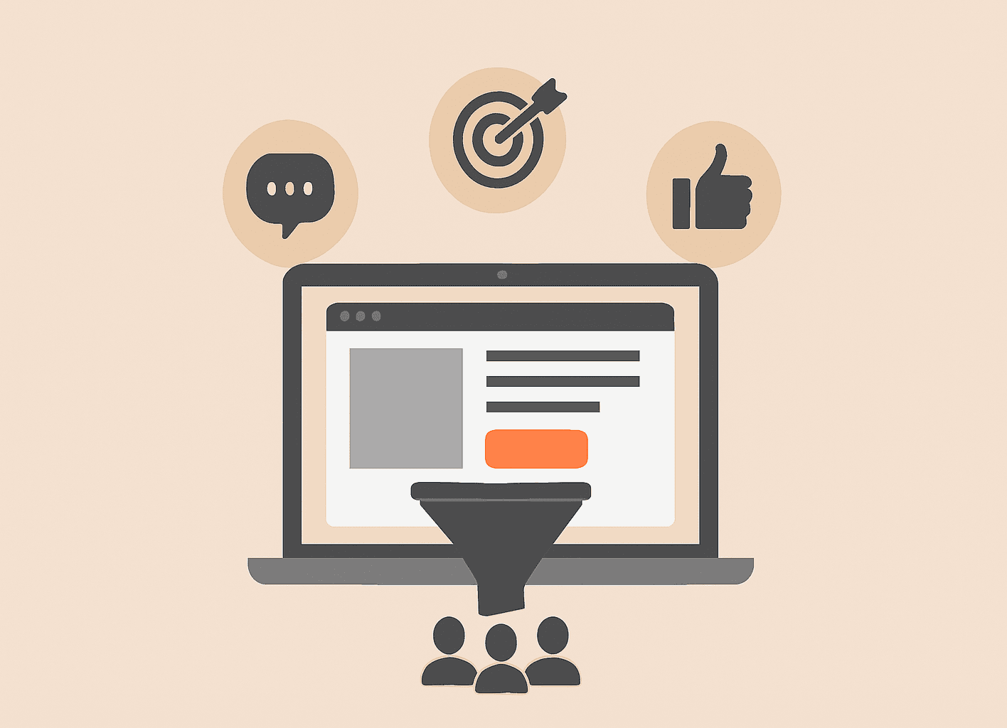 Laptop illustratie met een website en funnel, chat, goal, duim icoon