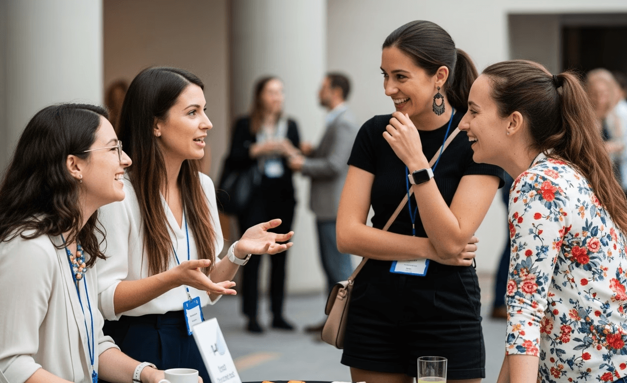 Four women smiling and talking at a conference, wearing business attire, and name tags.