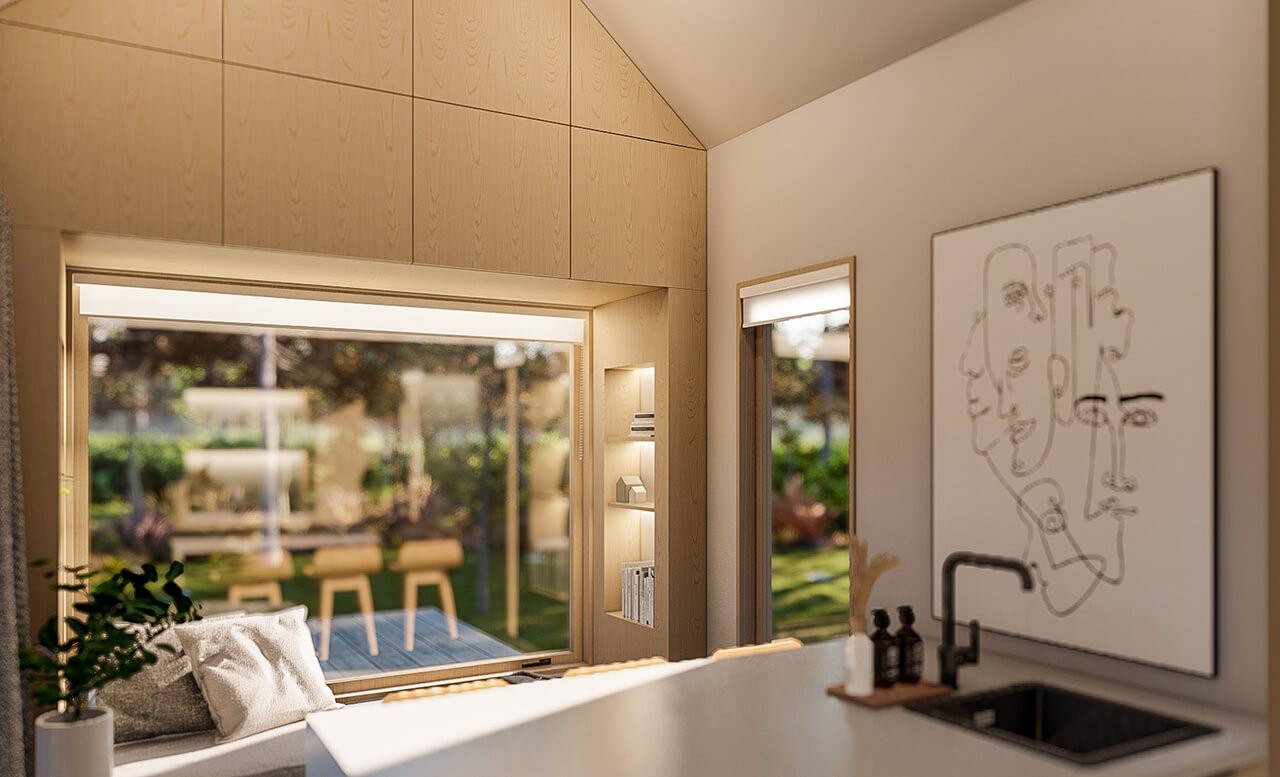 Scandi tiny house interior kitche