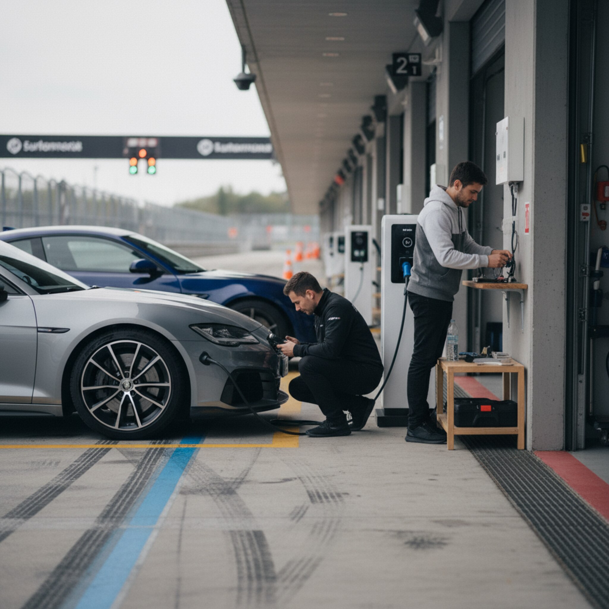 Neben der Boxengasse stehen zwei Fahrzeuge auf markierten Flächen, eines daran angeschlossen an eine Ladesäule. Ein Mitarbeiter überprüft Reifendruck, eine weitere Person legt Schlüssel geordnet auf ein Brett. Die Stimmung ist ruhig, präzise und bereit für das nächste Zeitfenster.