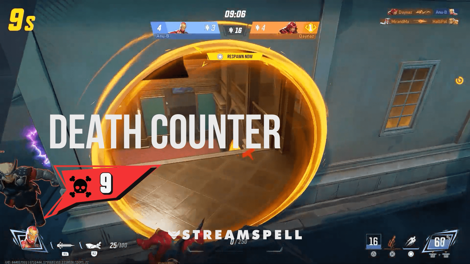 Comic-style game overlay showing a skull icon and death counter during a battle scene. MARVELOOSE! Reactive Overlays by StreamSpell for Twitch and YouTube, featuring real-time Streamlabs death tracking.