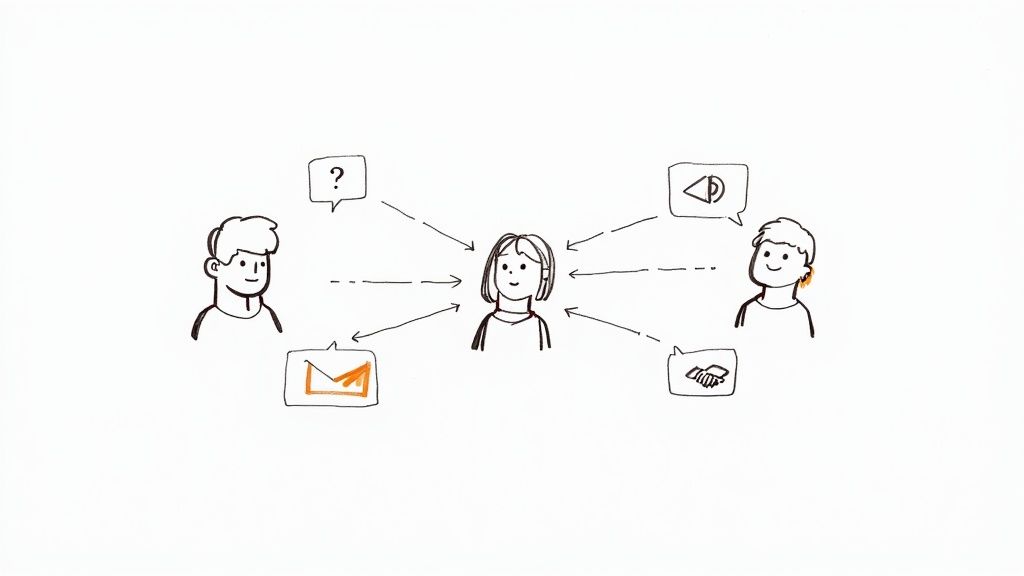 A central figure communicates with two people, managing various inputs and outputs like questions and emails.