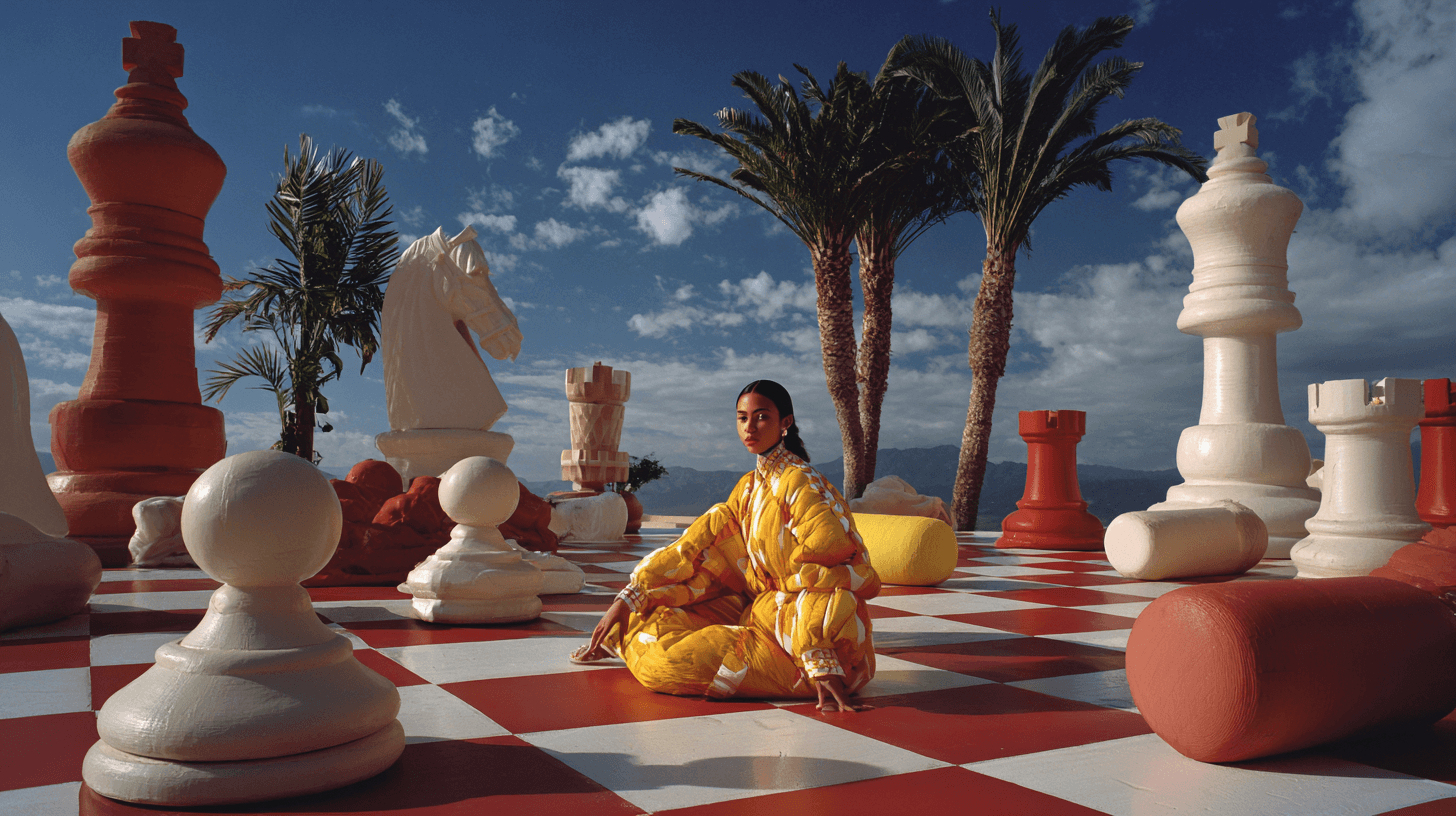 Surreale Fashion-Kampagne auf riesigem Schachbrett mit Palmen und Ozean-Kulisse