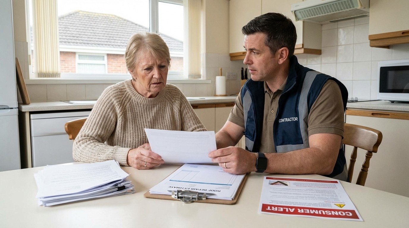 Homeowner reviewing roofing contract to avoid being ripped off