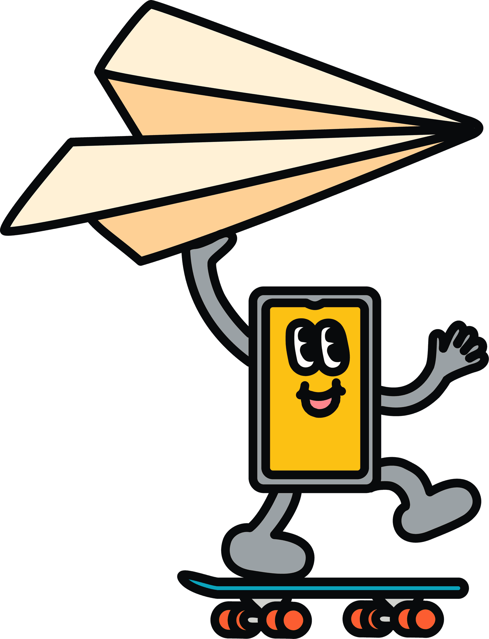 Illustration of a mobile phone with a face skateboarding and holding a paper plane. 