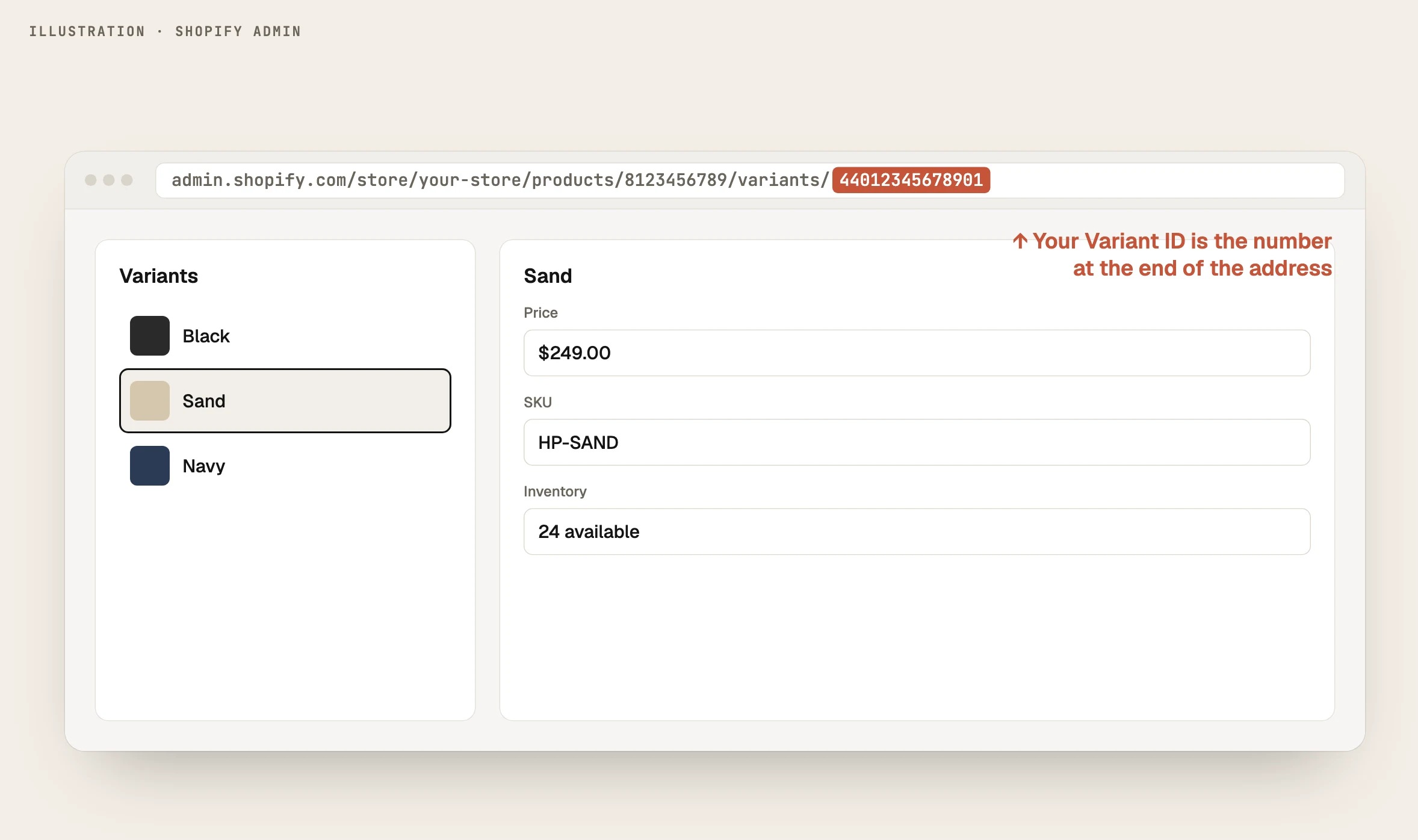 Illustration of a Shopify admin variant page, with the Variant ID at the end of the address