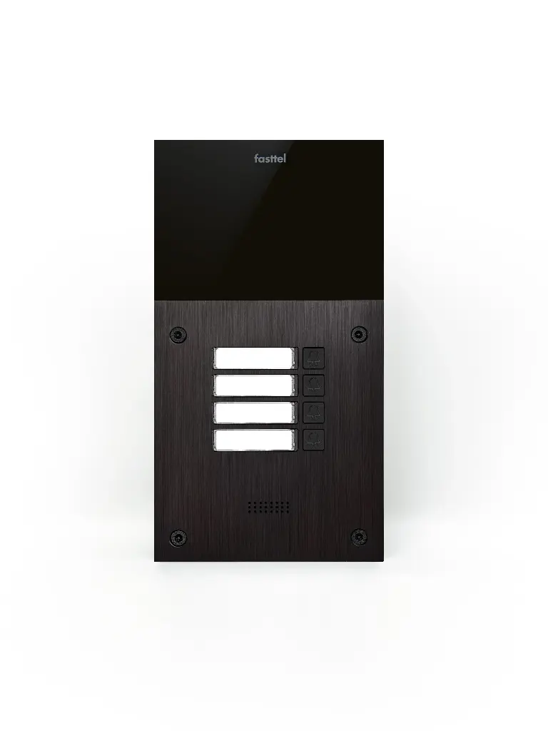 Black smart home device with screen showing time and temp