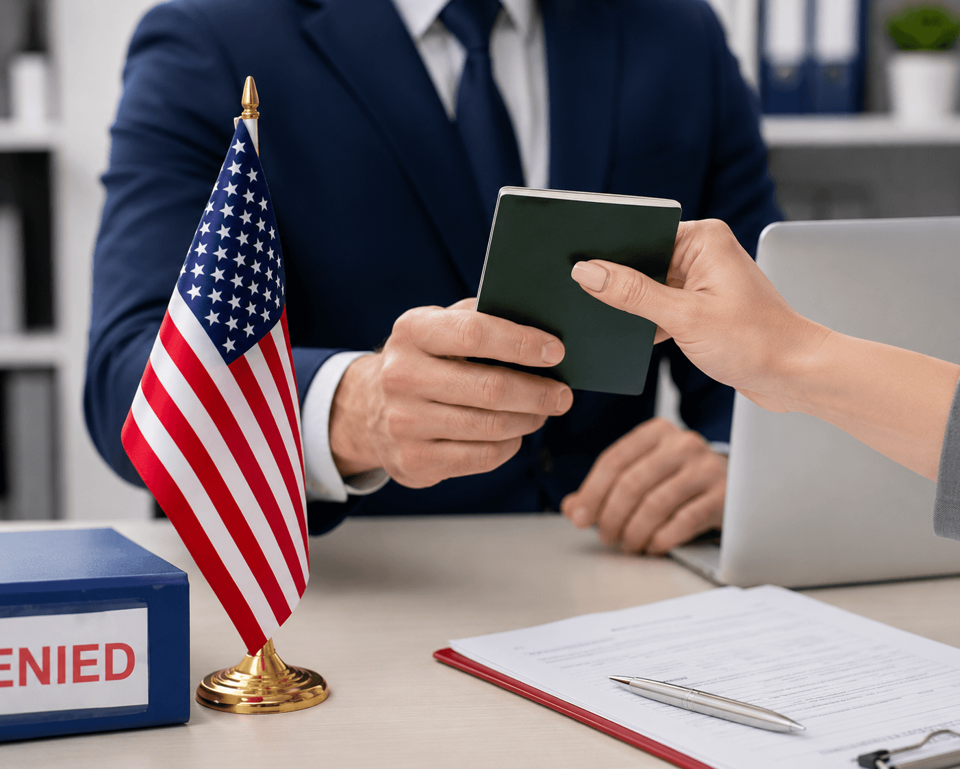 Attorney handing over greencard to client