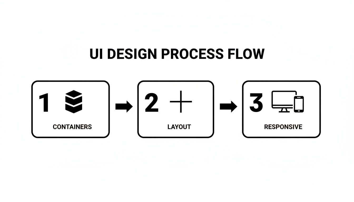 UI design process flow diagram showing three steps: Containers, Layout, and Responsive design.