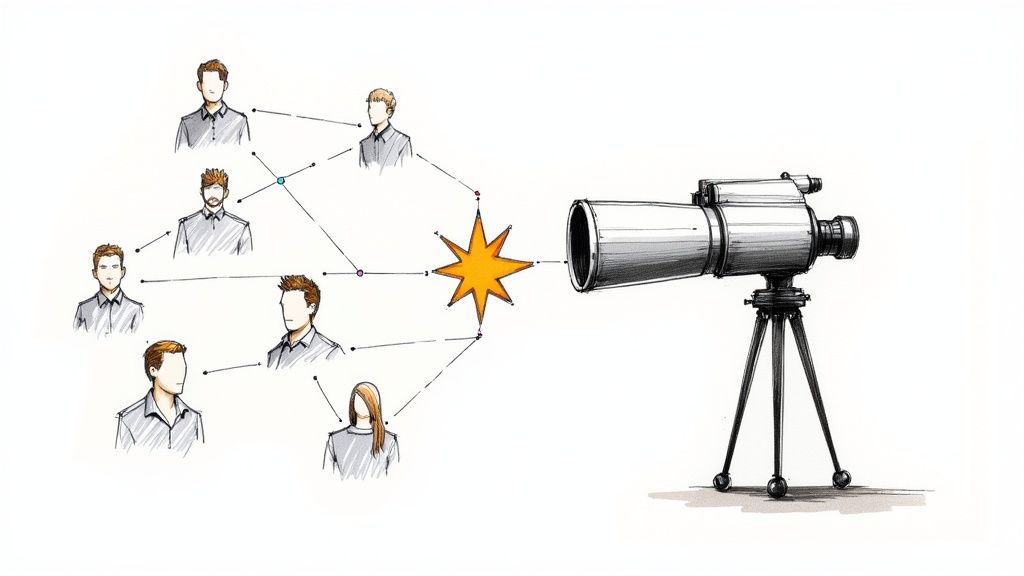 A magnifying glass hovering over a group of professional headshots, symbolizing the search for top talent.