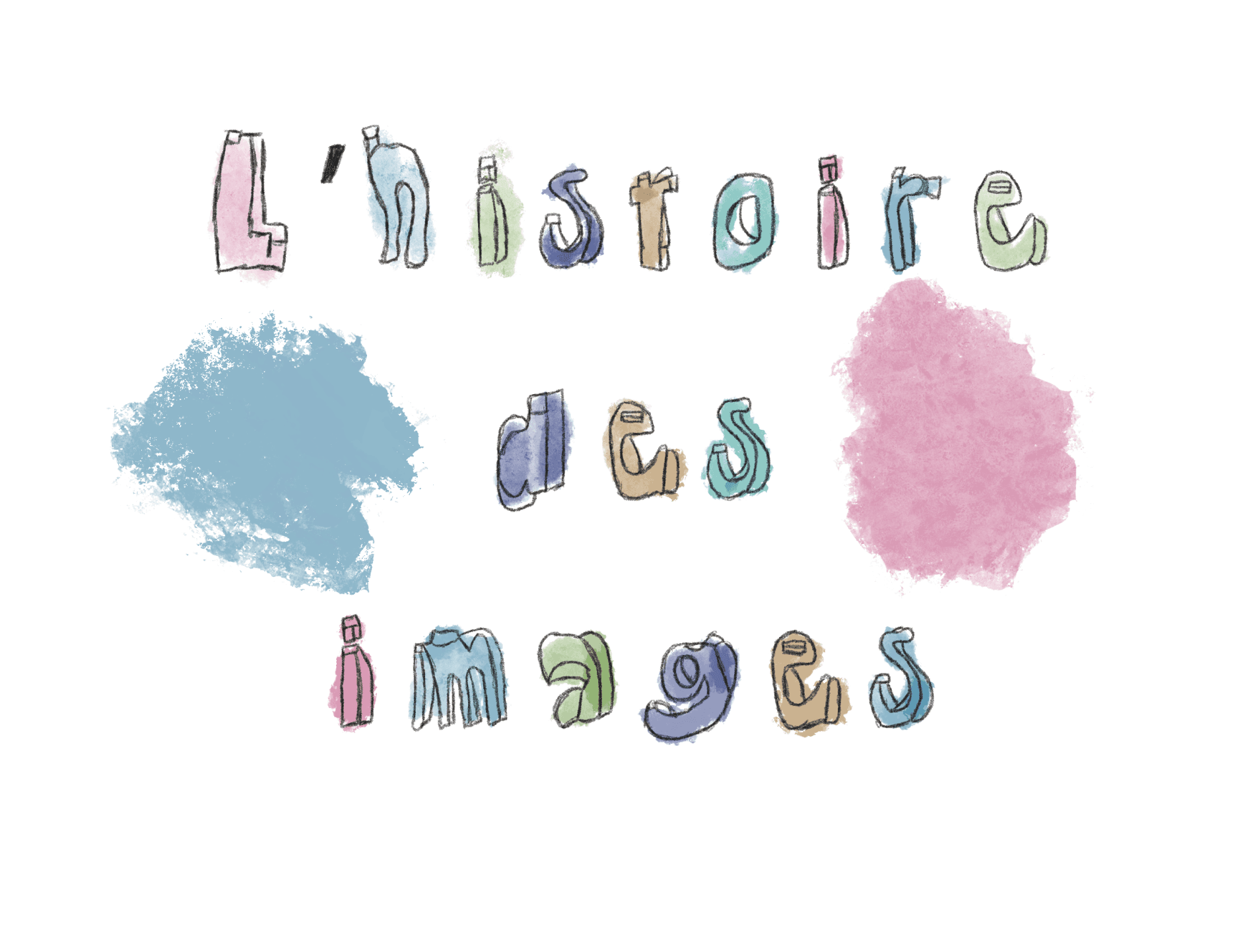 Le logo de l'histoire des images : Le nom du jeu avec une écriture d'enfant, dans un style aquarelle, qui rappelle l'enfance