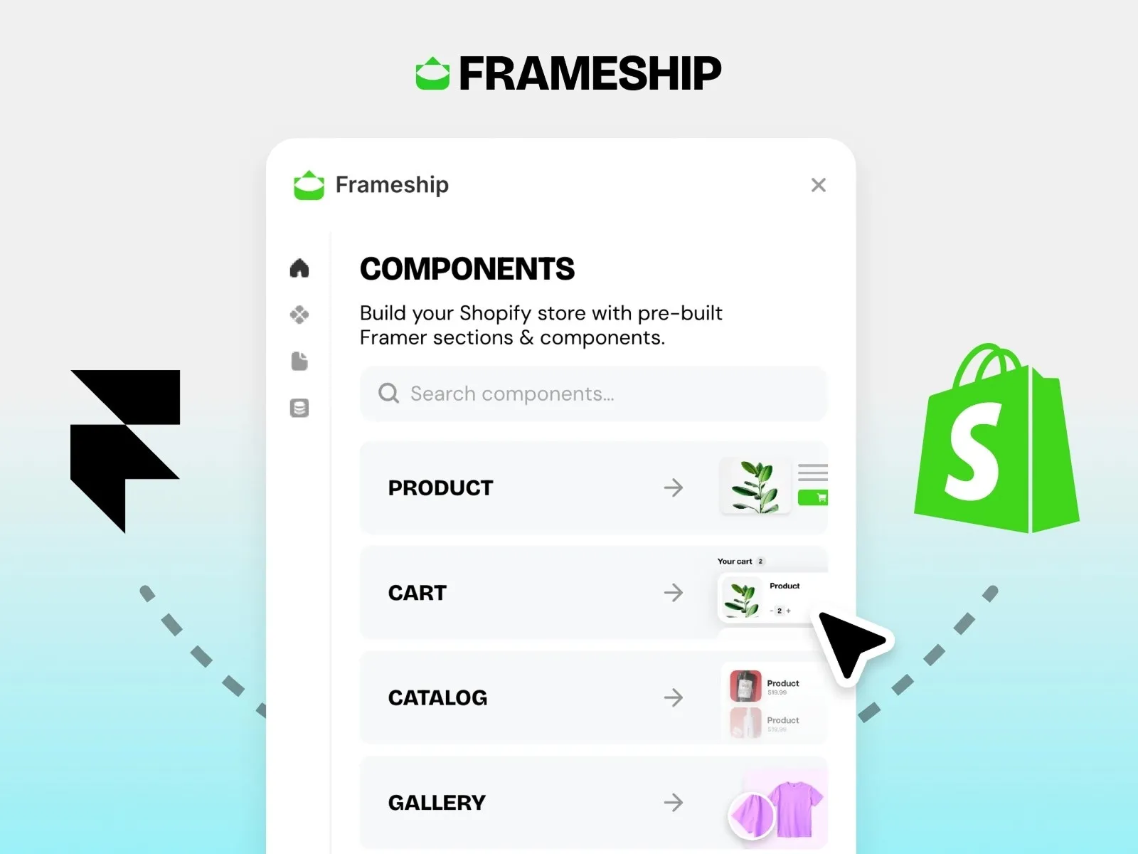 Shopify store design interface with components like product, cart, and catalog.