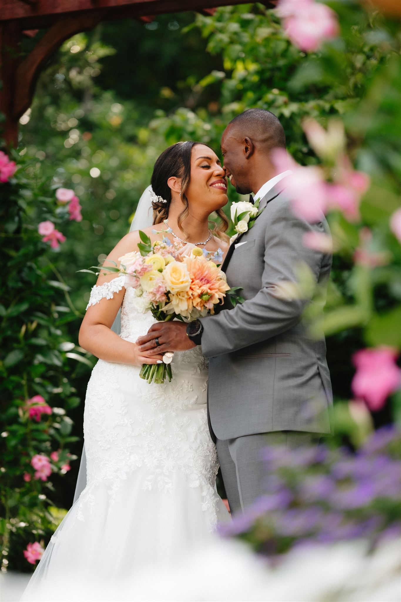 bride and groom embracing