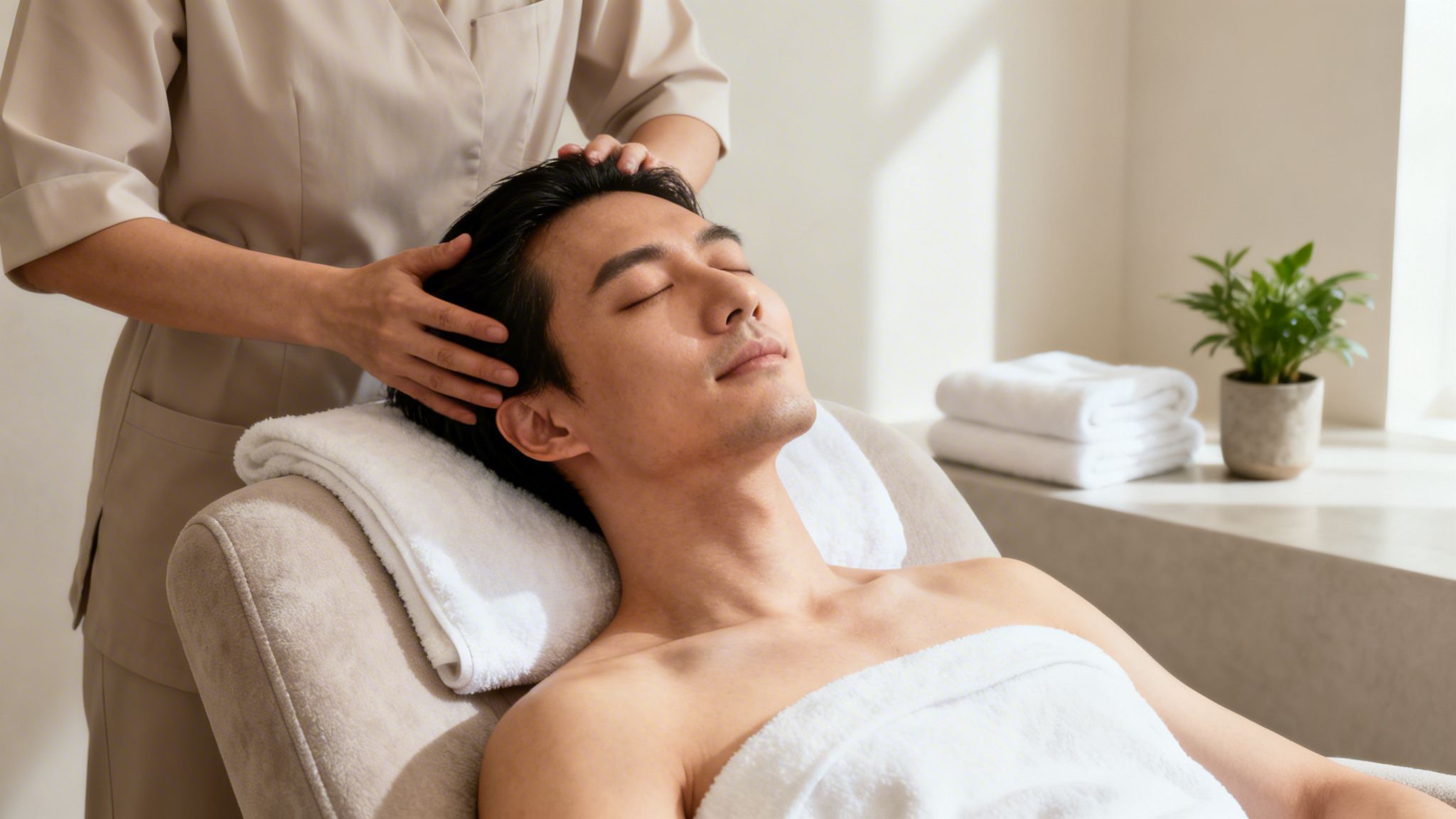 A man with closed eyes enjoys a relaxing head massage from a therapist in a bright spa setting.