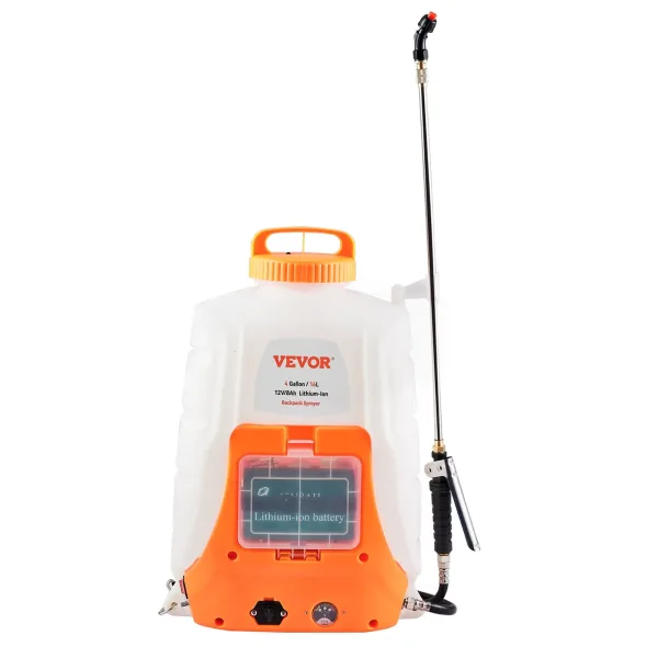 A portable electric sprayer with a white and orange design, featuring a long nozzle and adjustable handle.