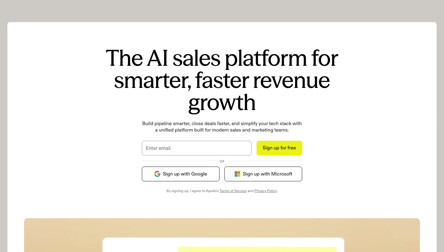 Apollo.io homepage: AI sales platform with a 210M+ B2B contact database and outreach automation