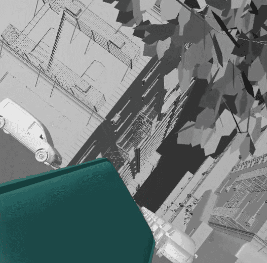 Monochrome 3D wireframe views of a café and a top-down city street for an ad campaign