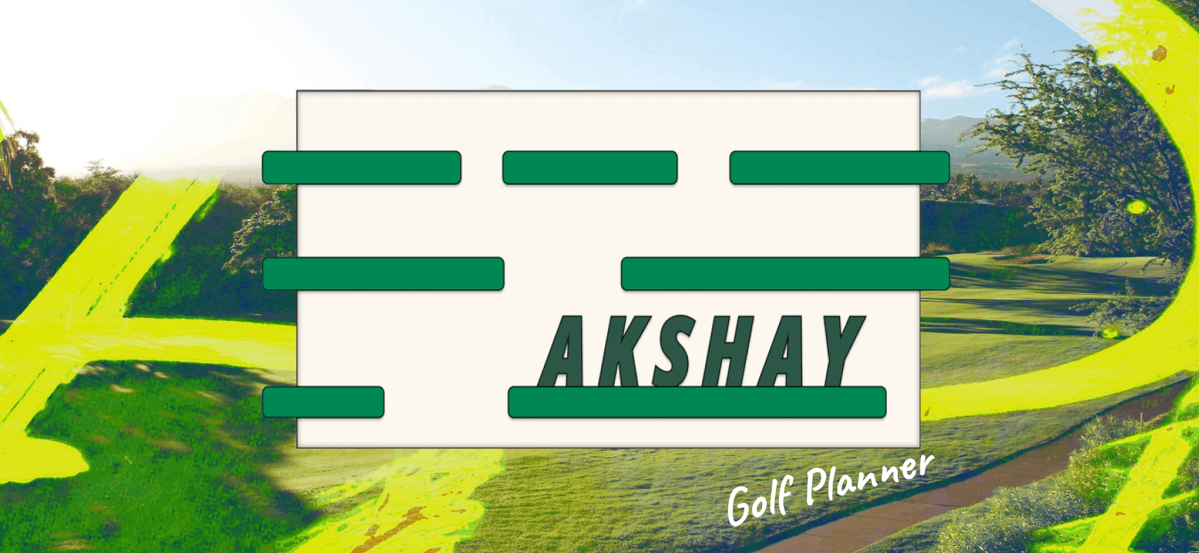 Background photo of a golf course, overlayed with an abstract yellow-green and green fluid line, and a cutout of the UI in the middle.
