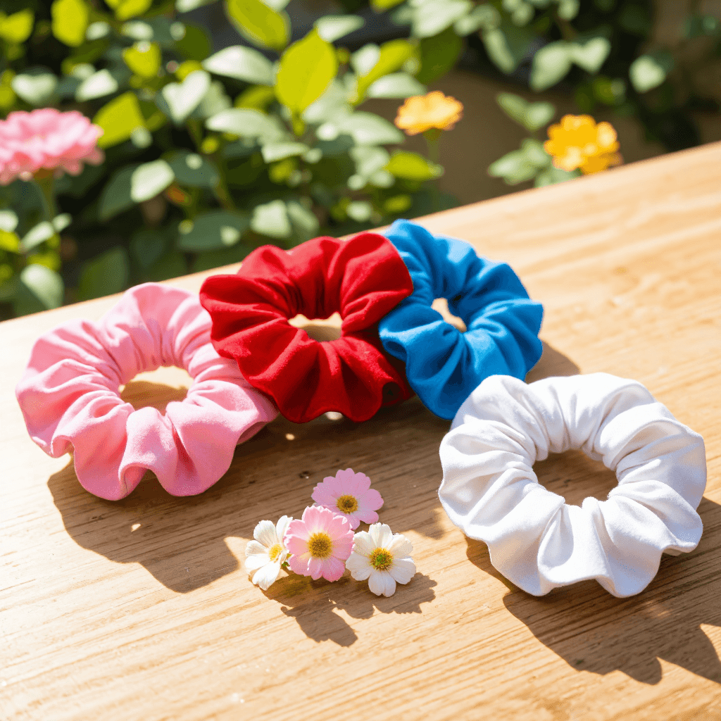 product photography of a set of hair scrunchies, used for tying hair, featuring various colors and textures