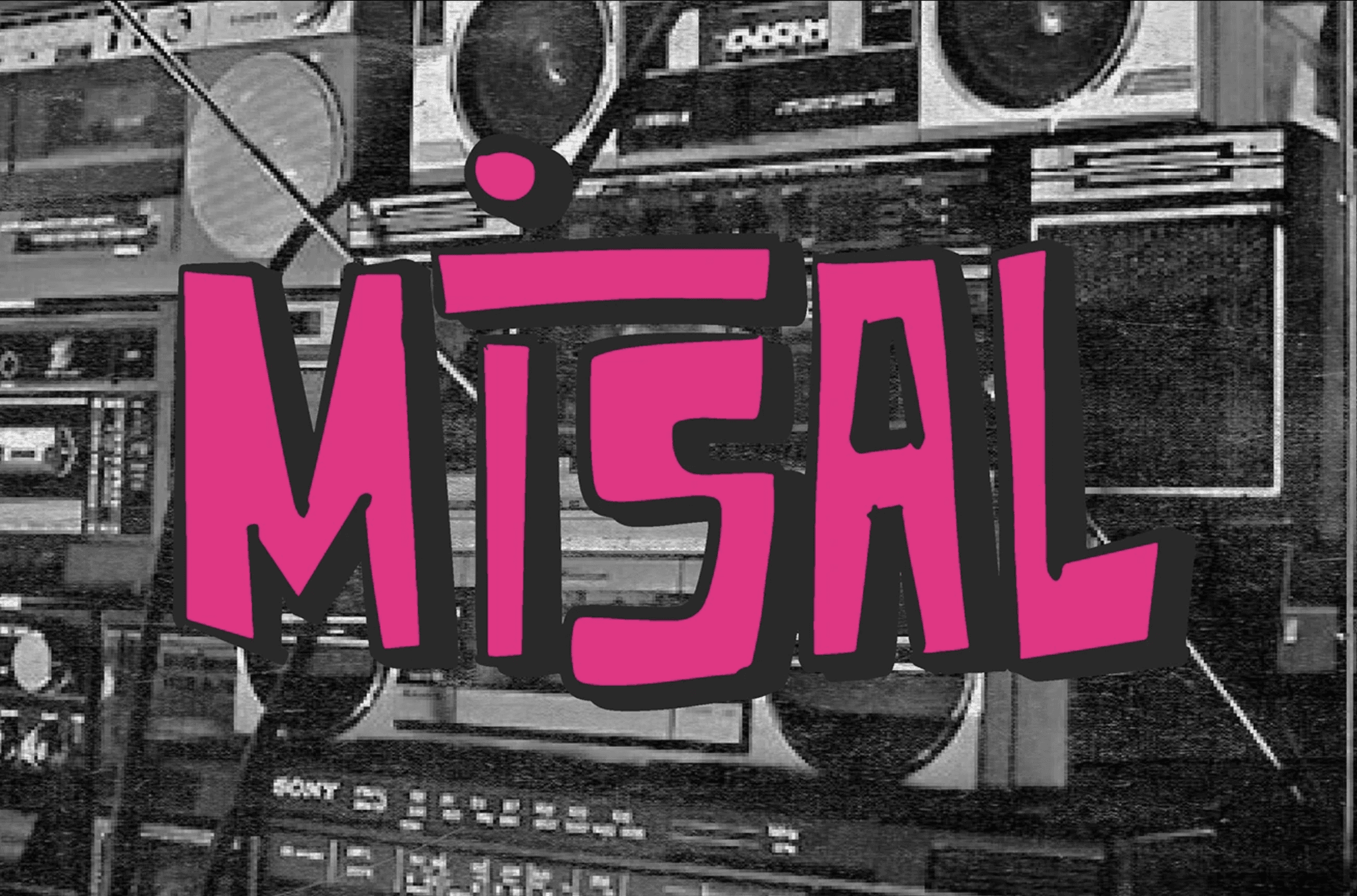 Misal radio FM 46.5 radio logo in bold pink typography over black and white retro boombox background.