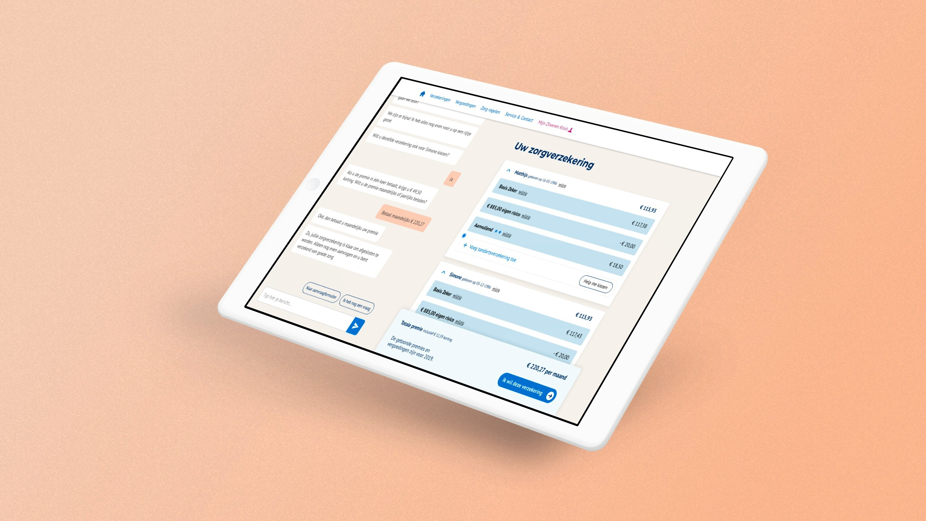 Zilveren Kruis — tablet showing a conversational chatbot interface guiding users through health insurance selection — Soda Studio case study