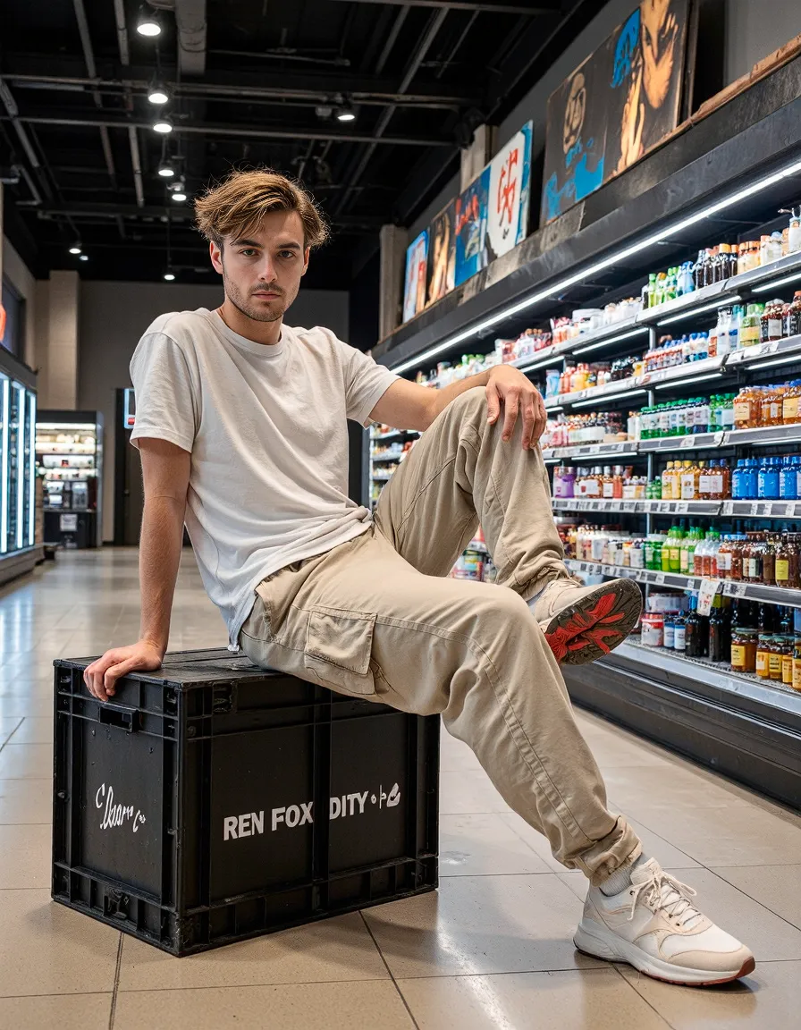 Stylish urban photoshoot featuring minimalist fashion in a convenience store with vibrant beverage displays creating artistic contrast