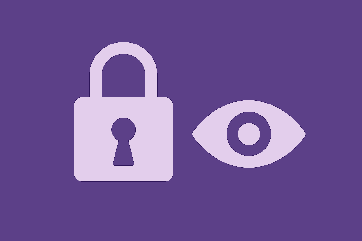 Flat-style digital illustration featuring a white padlock and an eye icon on a purple background, symbolizing workplace security, transparency, and visibility in monitoring.
