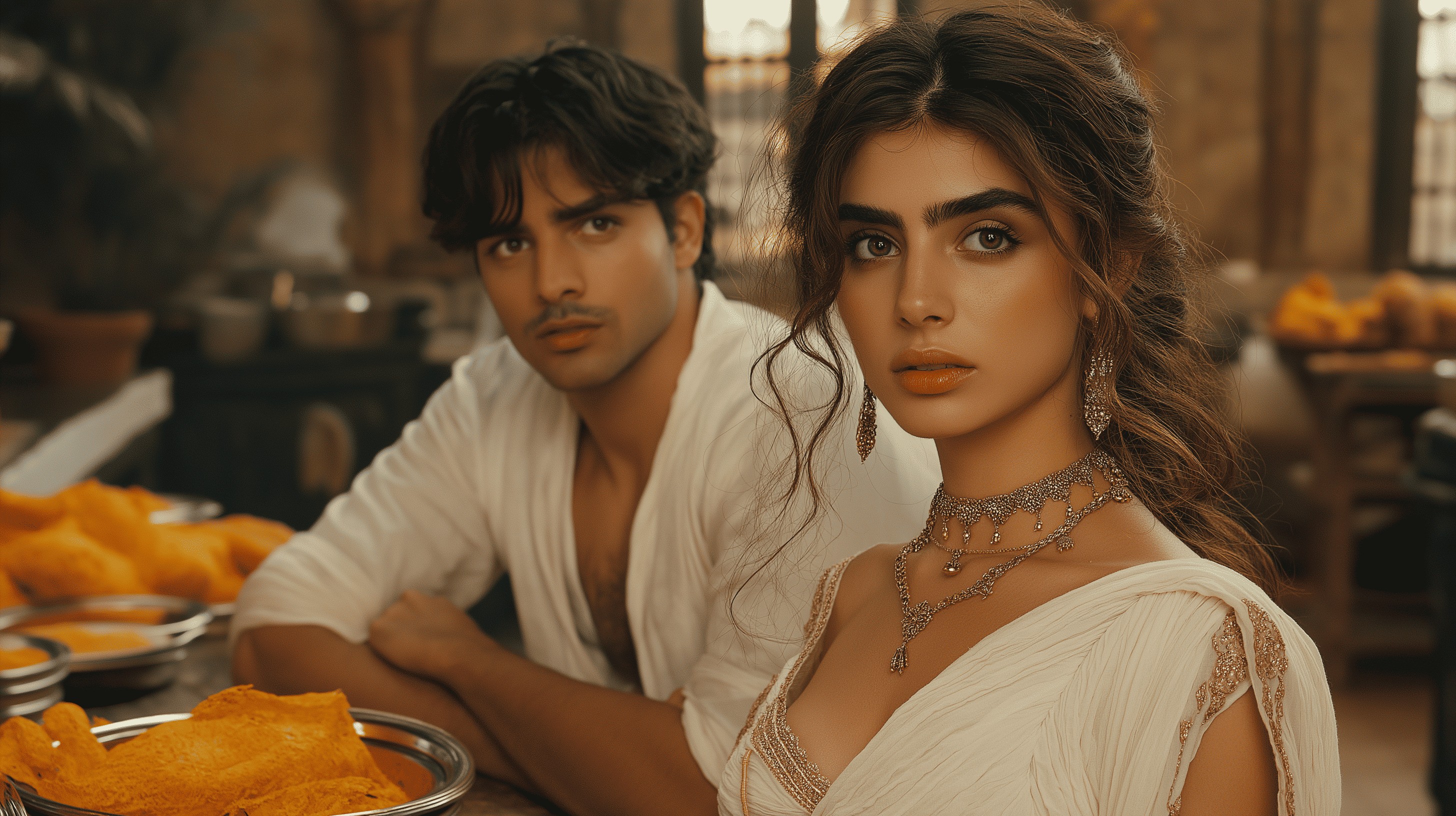 A cinematic AI-generated photograph of a stylish couple dressed in white, dining in a rustic setting.