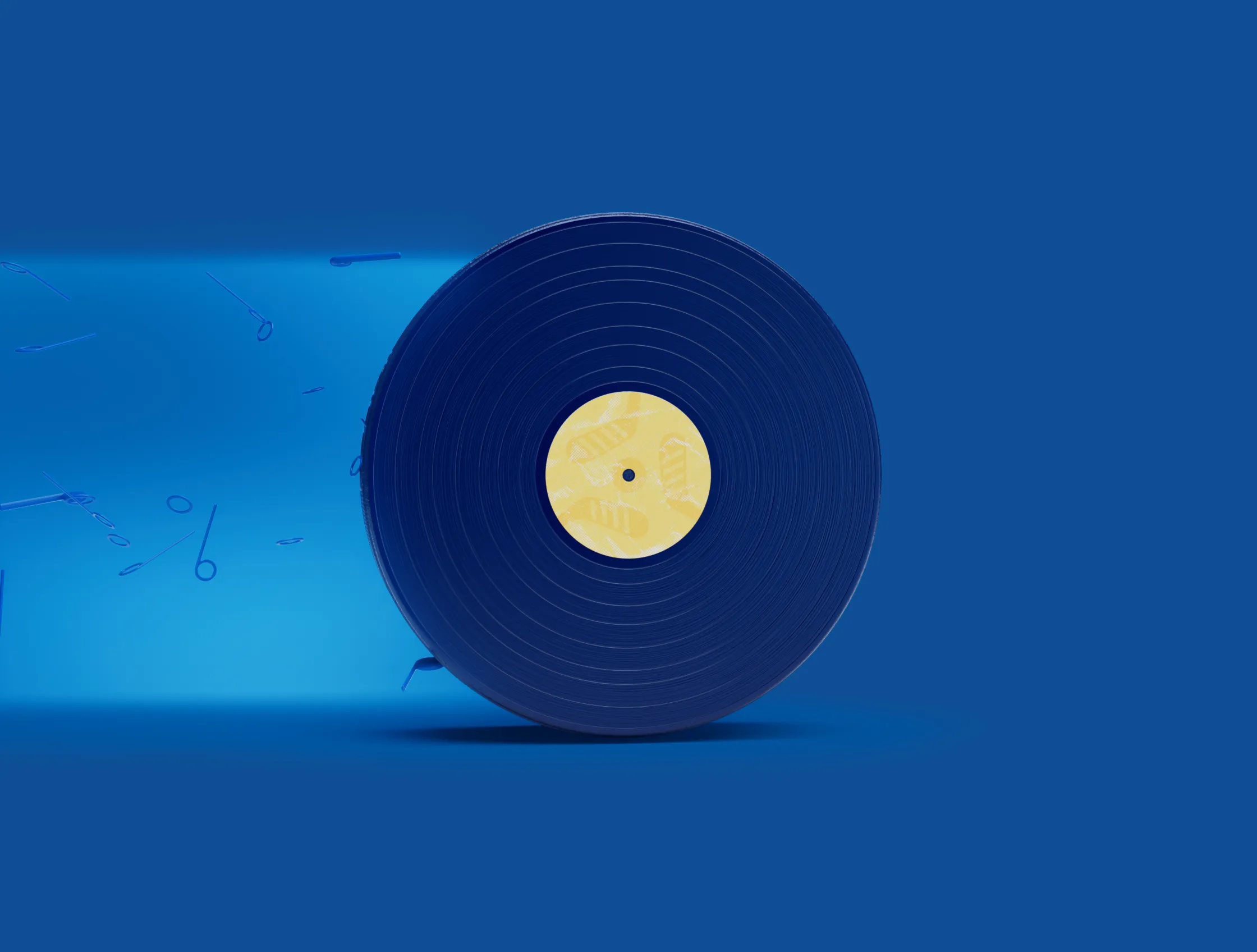Vinyl record standing upright on a blue background with motion blur accents