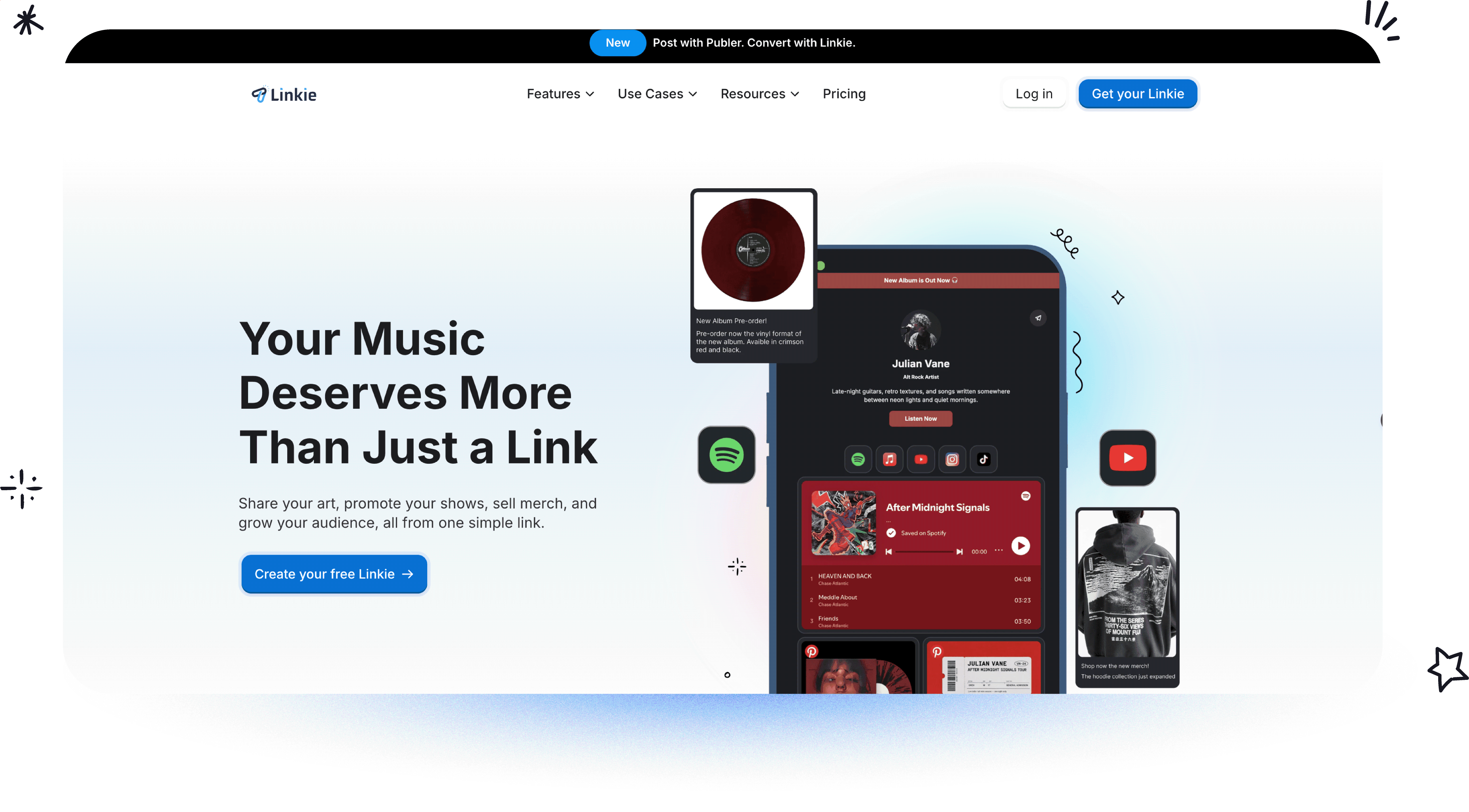 Linkie page for musicians showing music, merchandise and social links