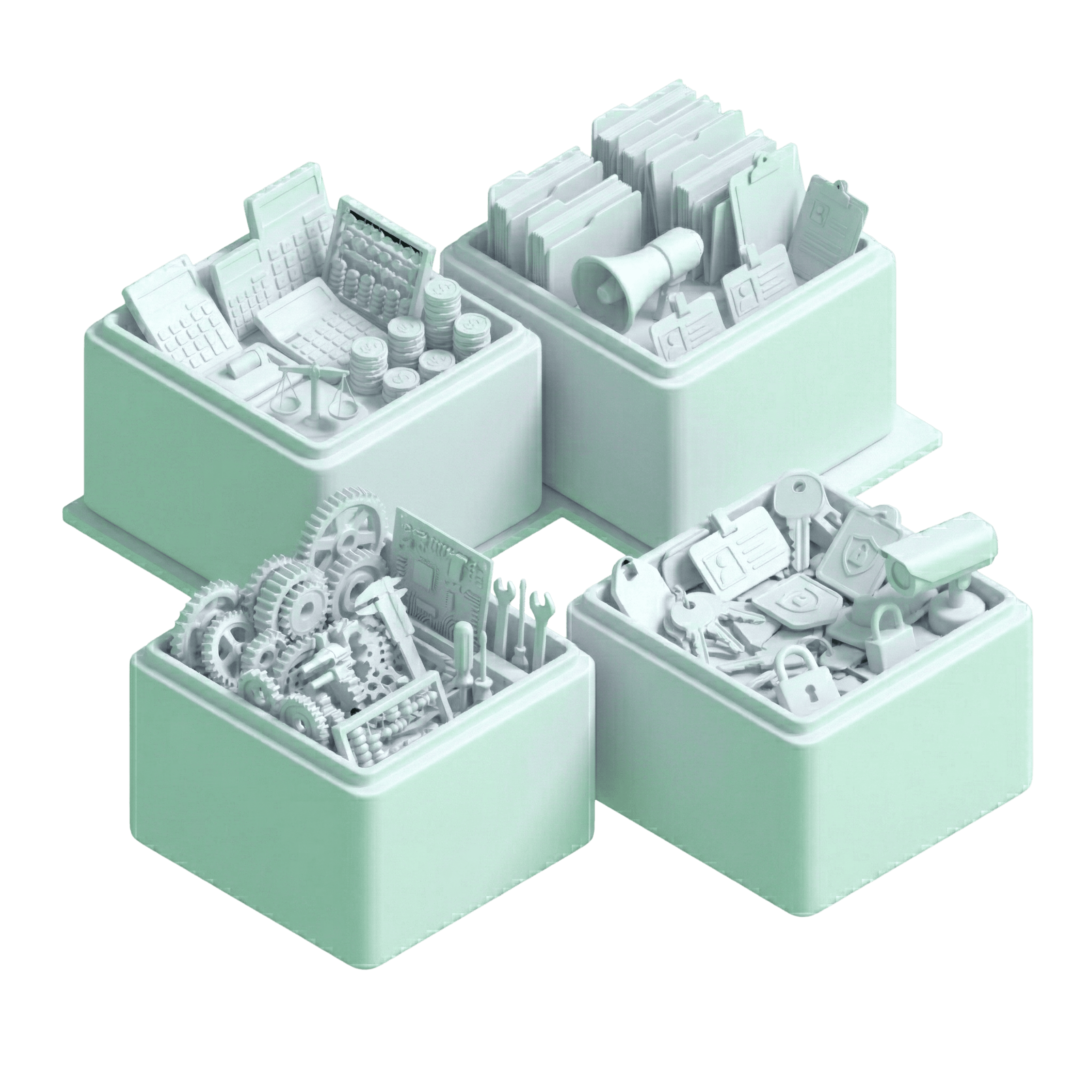 Isometric 3D illustration of four pale green storage bins containing categorized tech and business icons: financial tools (coins/calculators), administration (files/megaphone), engineering (gears/tools), and security (locks/cameras), isolated on a black background.
