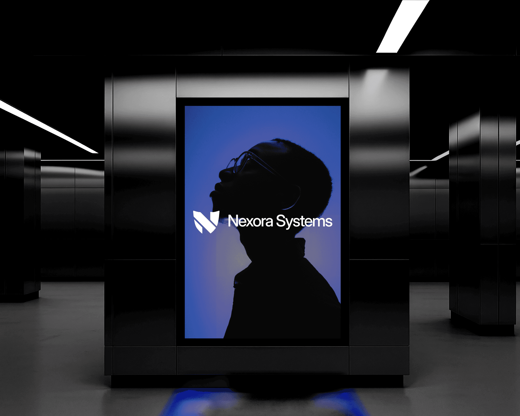 A digital billboard for the brand Nexora Systems. The billboard features a silhouette of a man in front of a blue background. The Nexora Systems logo is featured in the middle of the poster.