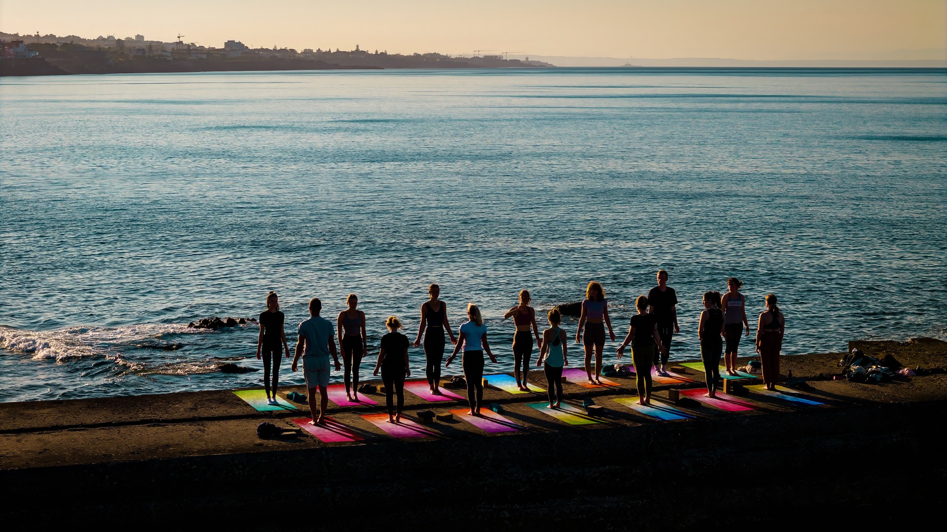 Yoga class on Cascais pier with branded The Salty mats; students in mid-pose facing the ocean.