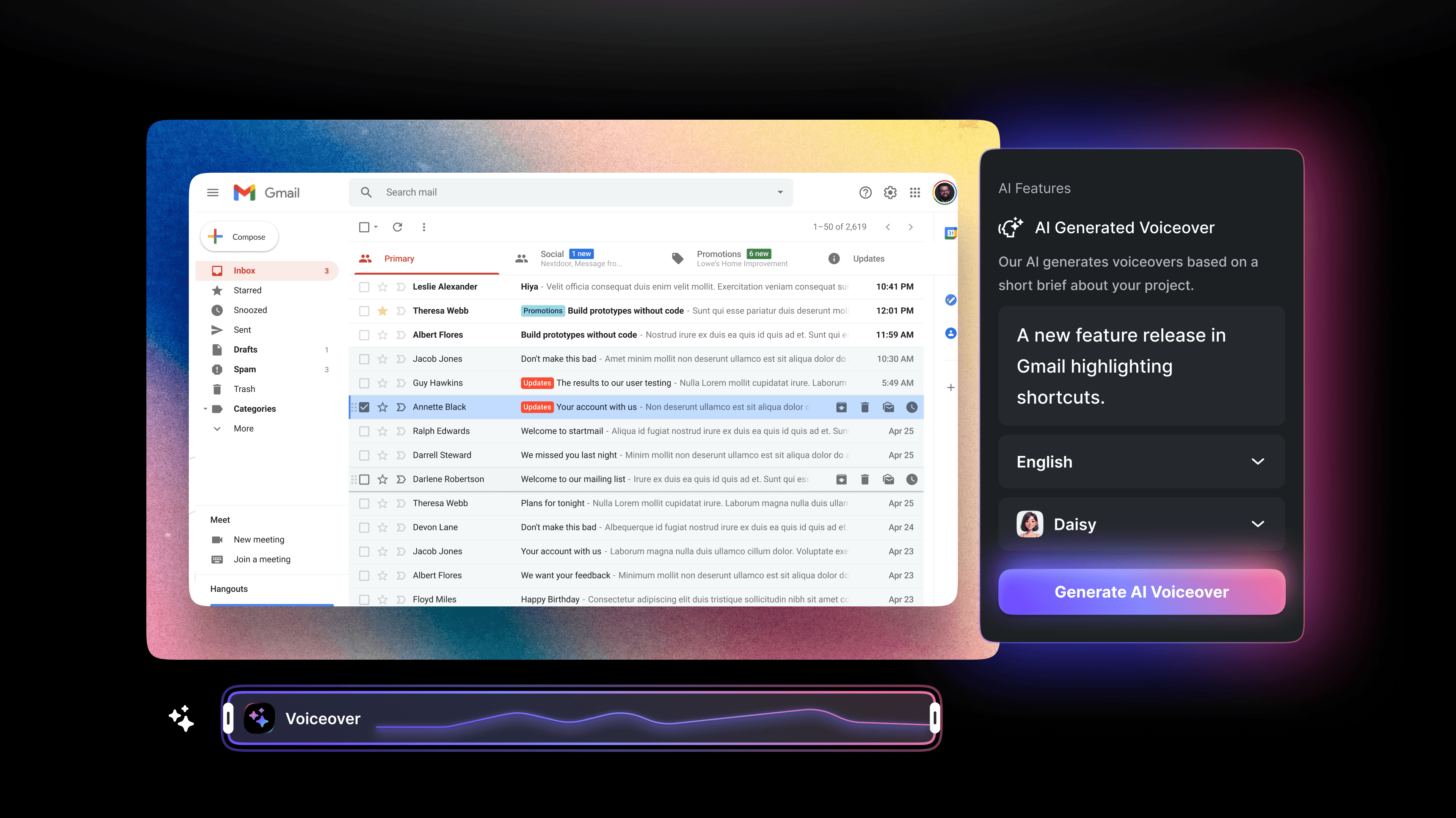 A computer screen displaying an open Gmail inbox filled with various emails on the left, alongside a feature panel on the right showcasing AI-generated voiceover capabilities, including language and voice options, emphasized by a colorful gradient background.