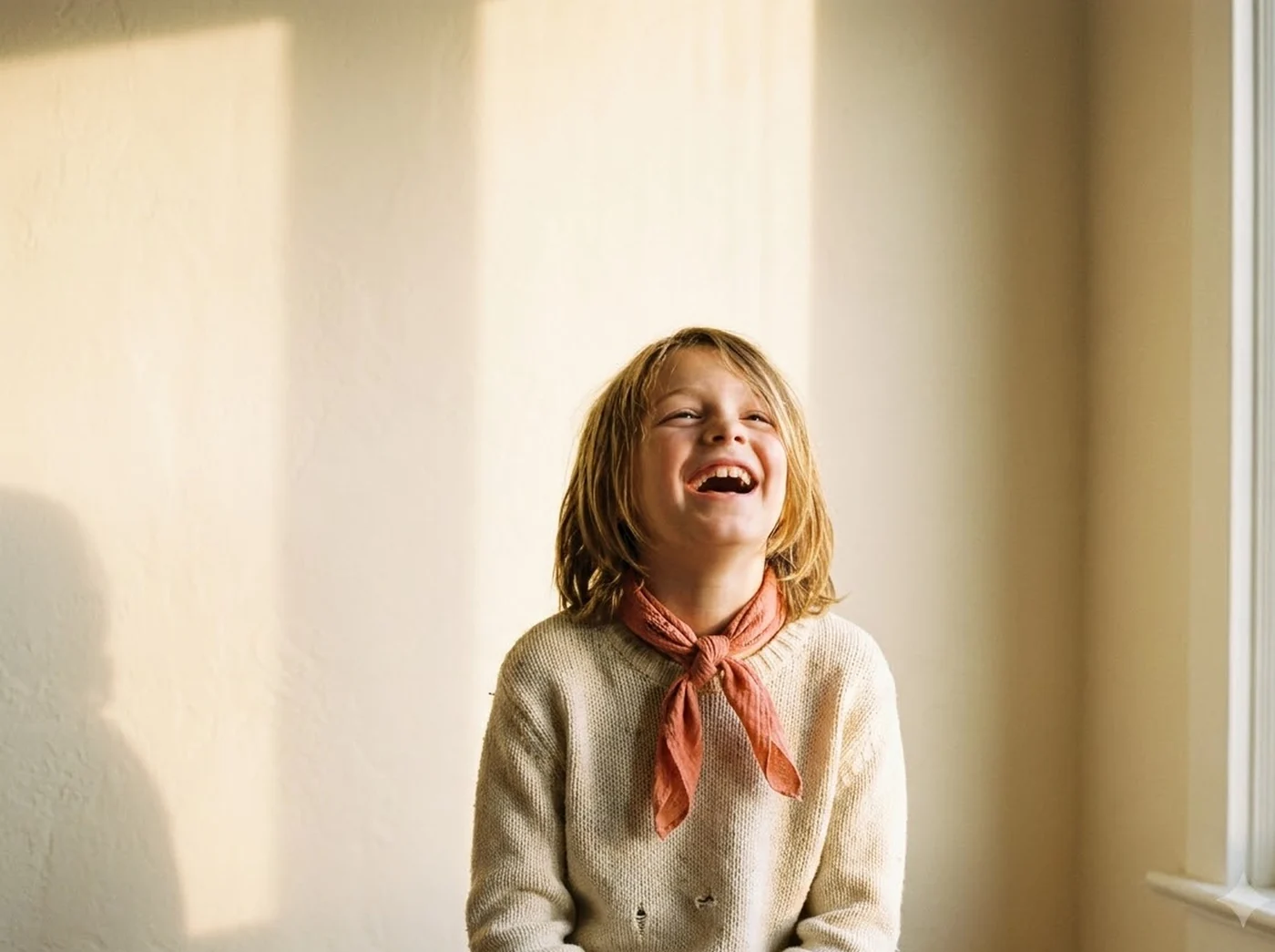 A laughing girl in a cream jumper and a coral neckerchief against a sunlit cream wall