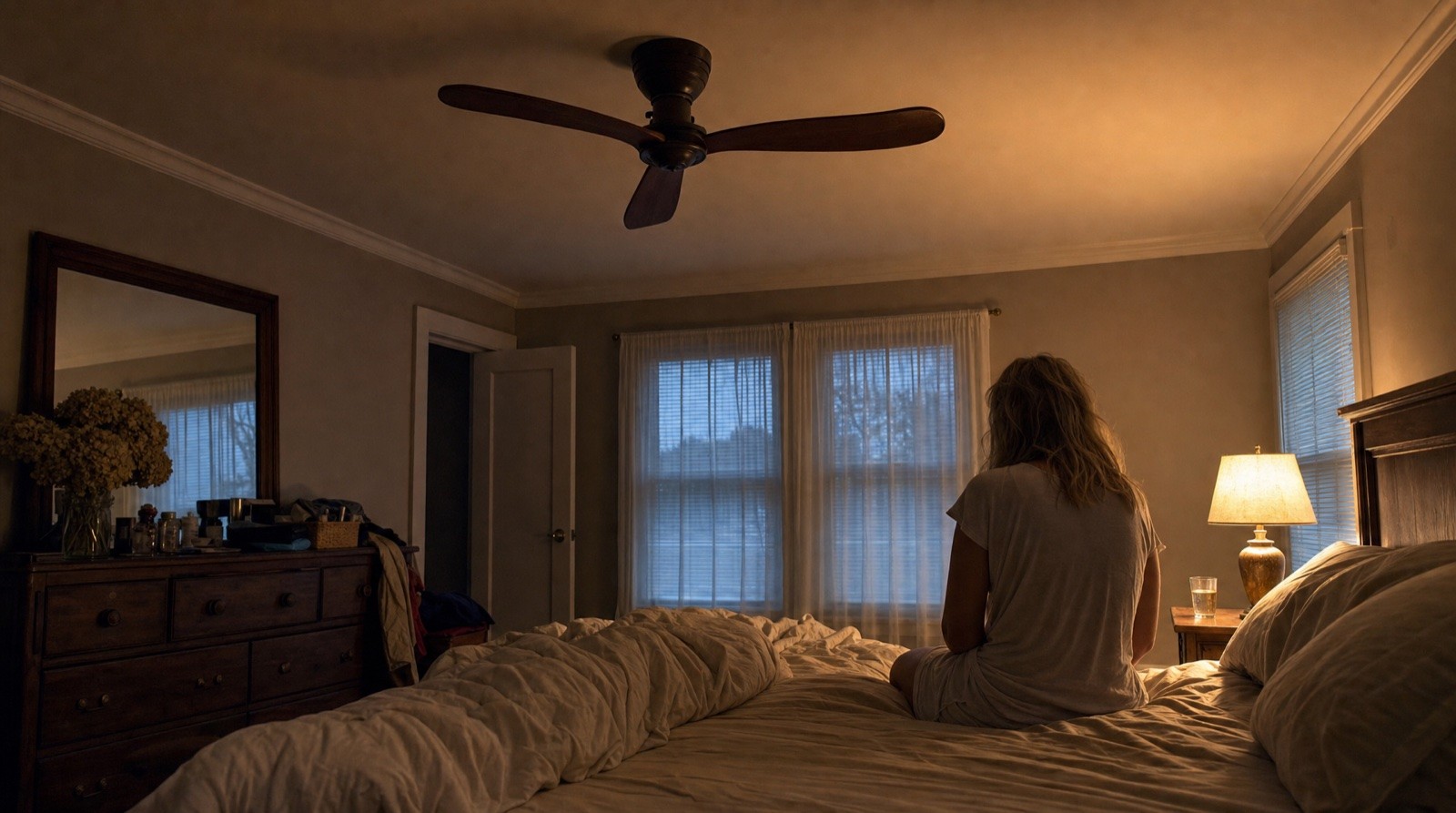 A tired woman on the edge of her bed in the early morning, ceiling fan visible overhead.