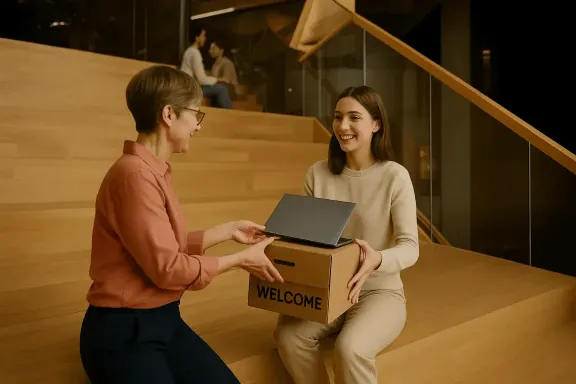 Zwei Personen im Gespräch, eine übergibt einen Laptop – digitale Beratungssituation