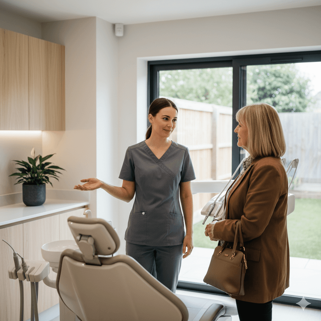 A dentist practitioner welcoming her patient to the surgery