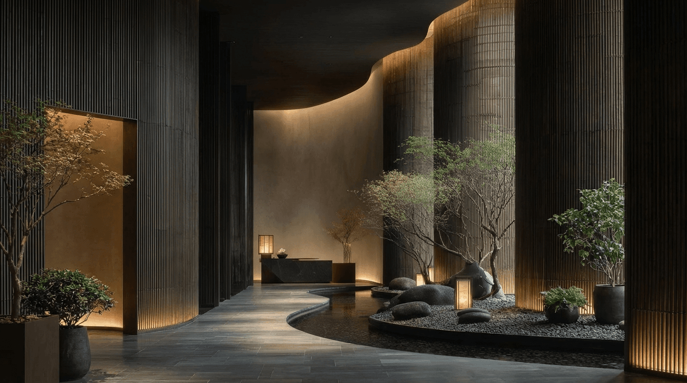 Terracotta stucco space with intersecting arches and warm sunlight creating geometric shadows.