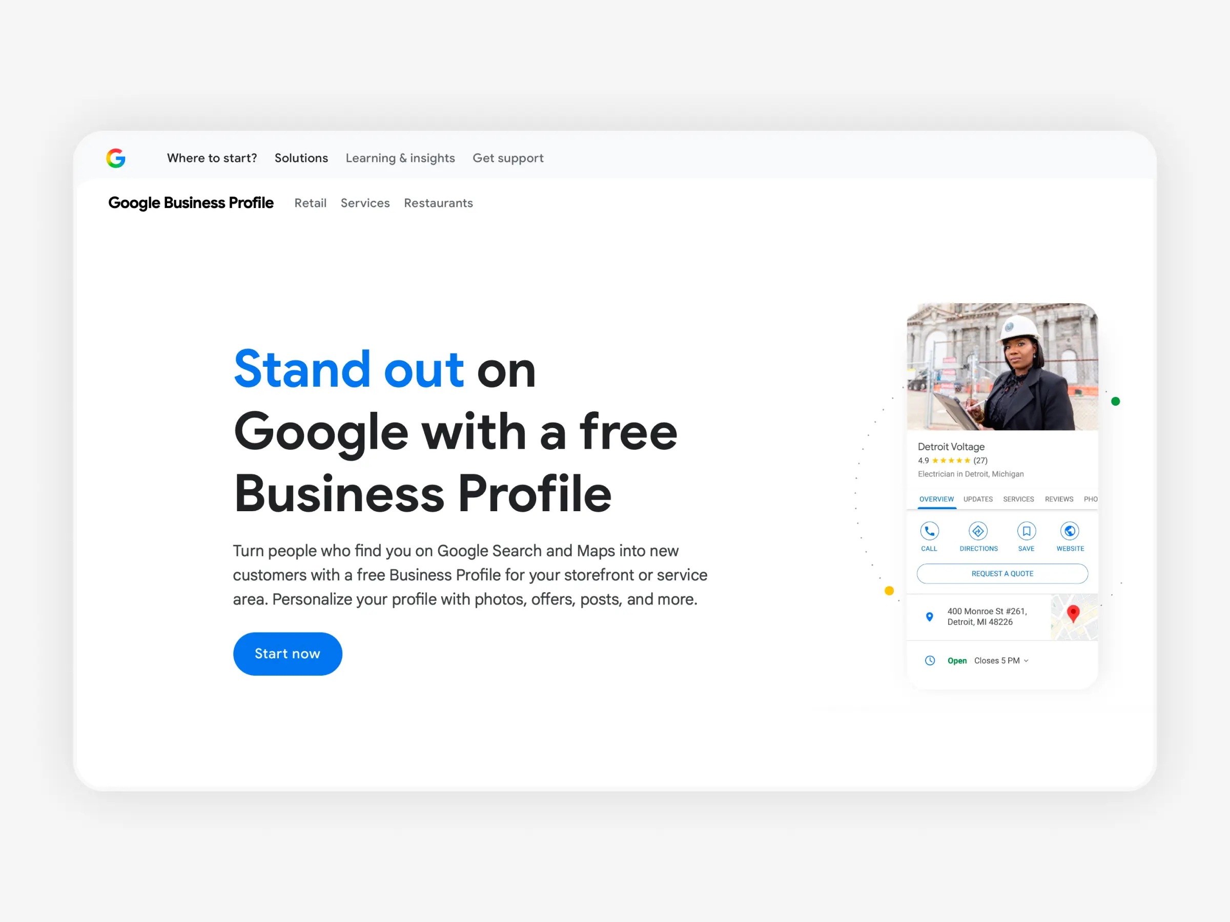 Google Business Profile homepage showing “Stand out on Google with a free Business Profile” and preview of a business listing interface.