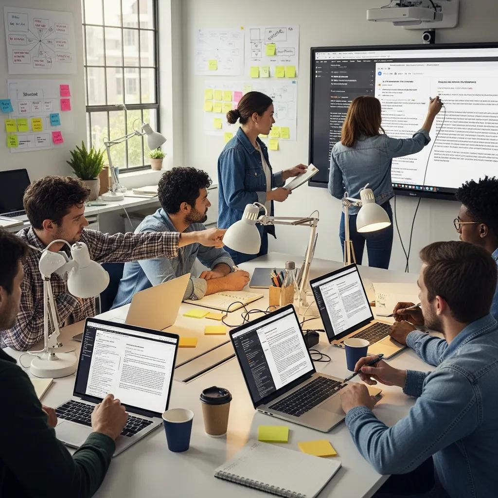 Students collaborating with laptops and digital tools, showing AI-assisted teamwork in study sessions