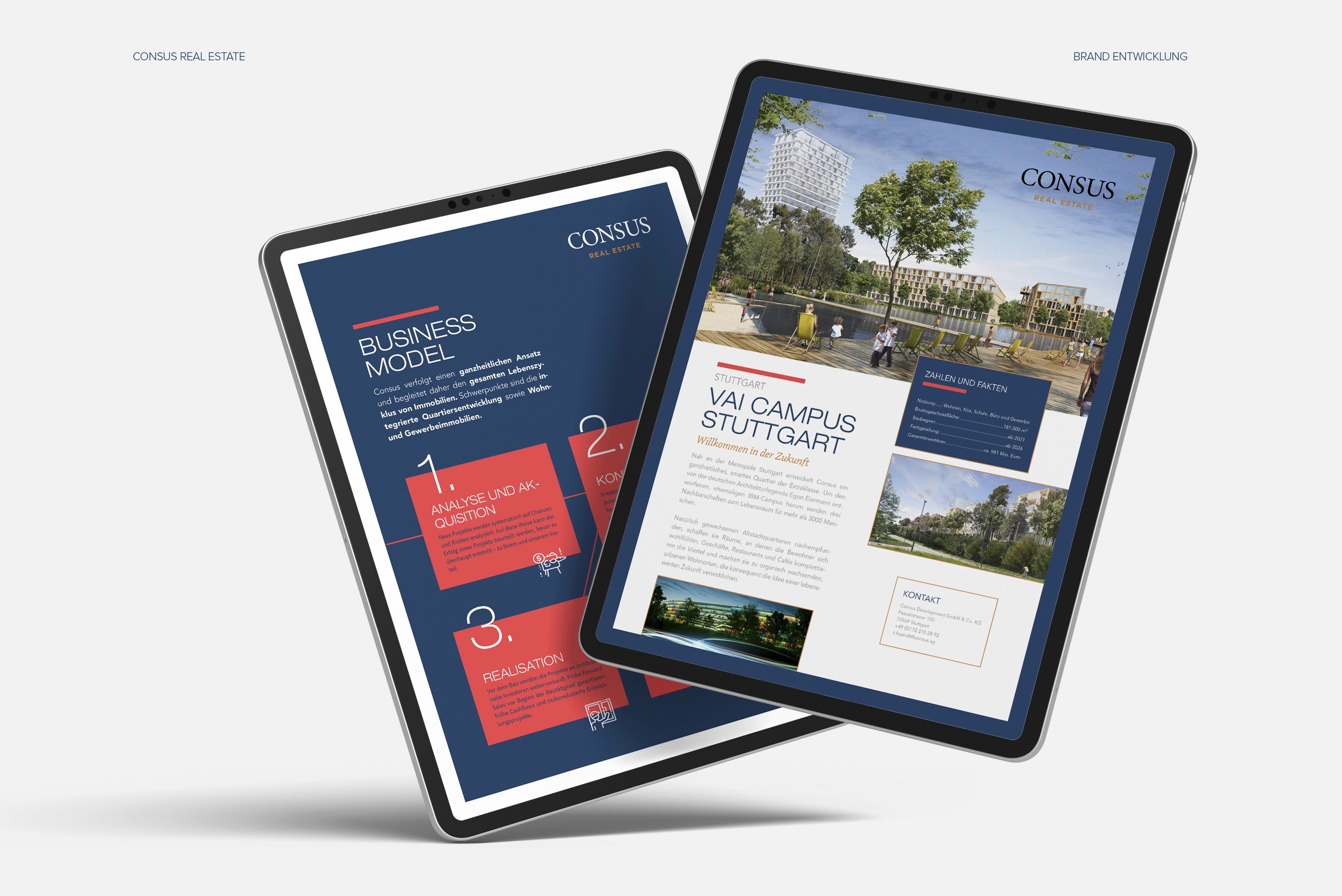 Editorial Design für Unternehmensberichte von Consus Real Estate – strukturierte Seiten, großzügige Weißräume und klare Markenführung.