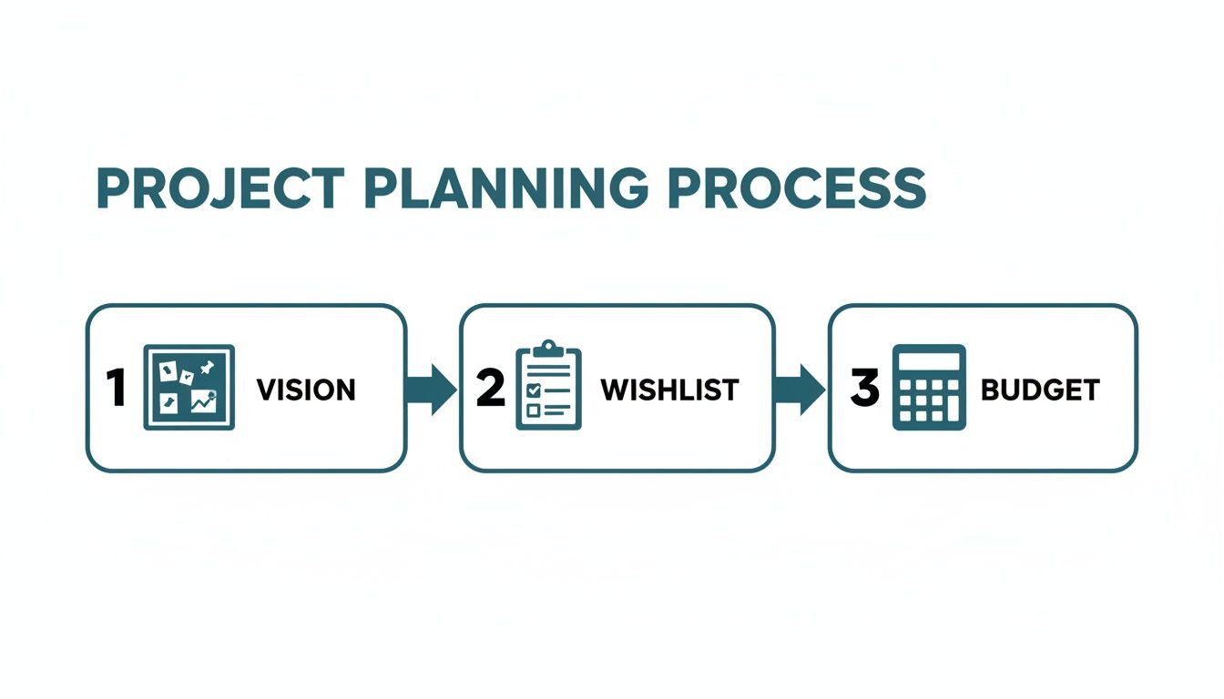 Infographic illustrating the three-step project planning process: Vision, Wishlist, and Budget.