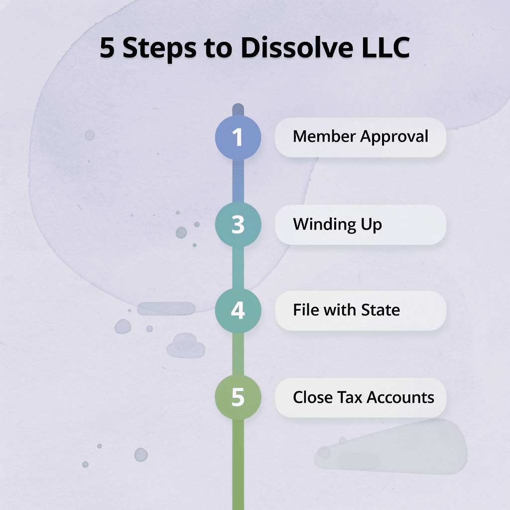 Numbered steps infographic showing the 5 steps to dissolve an LLC in Minnesota