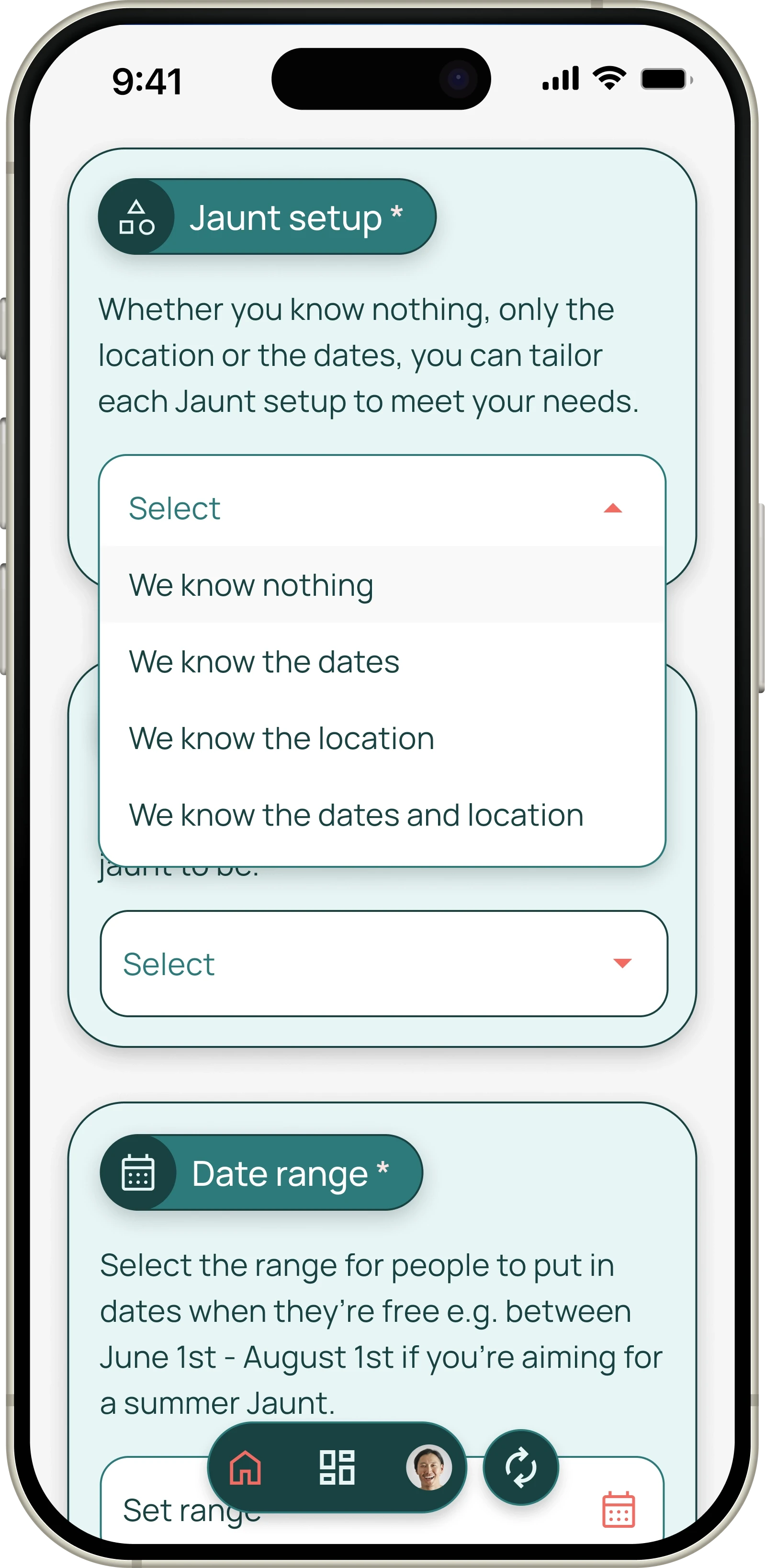 Jaunt trip setup asking whether you already know the dates or location