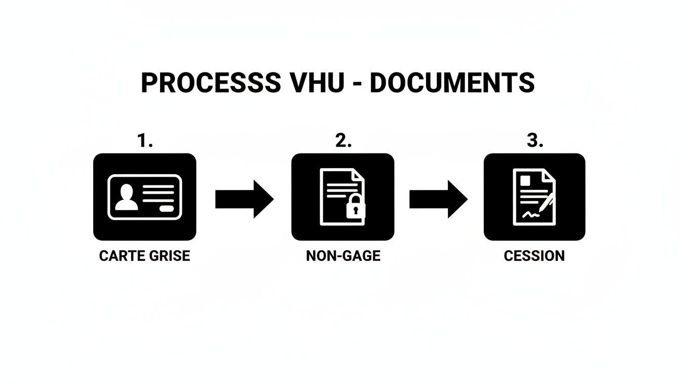Diagramme en trois étapes illustrant le processus VHOU pour les documents : carte grise, non-gage et cession.
