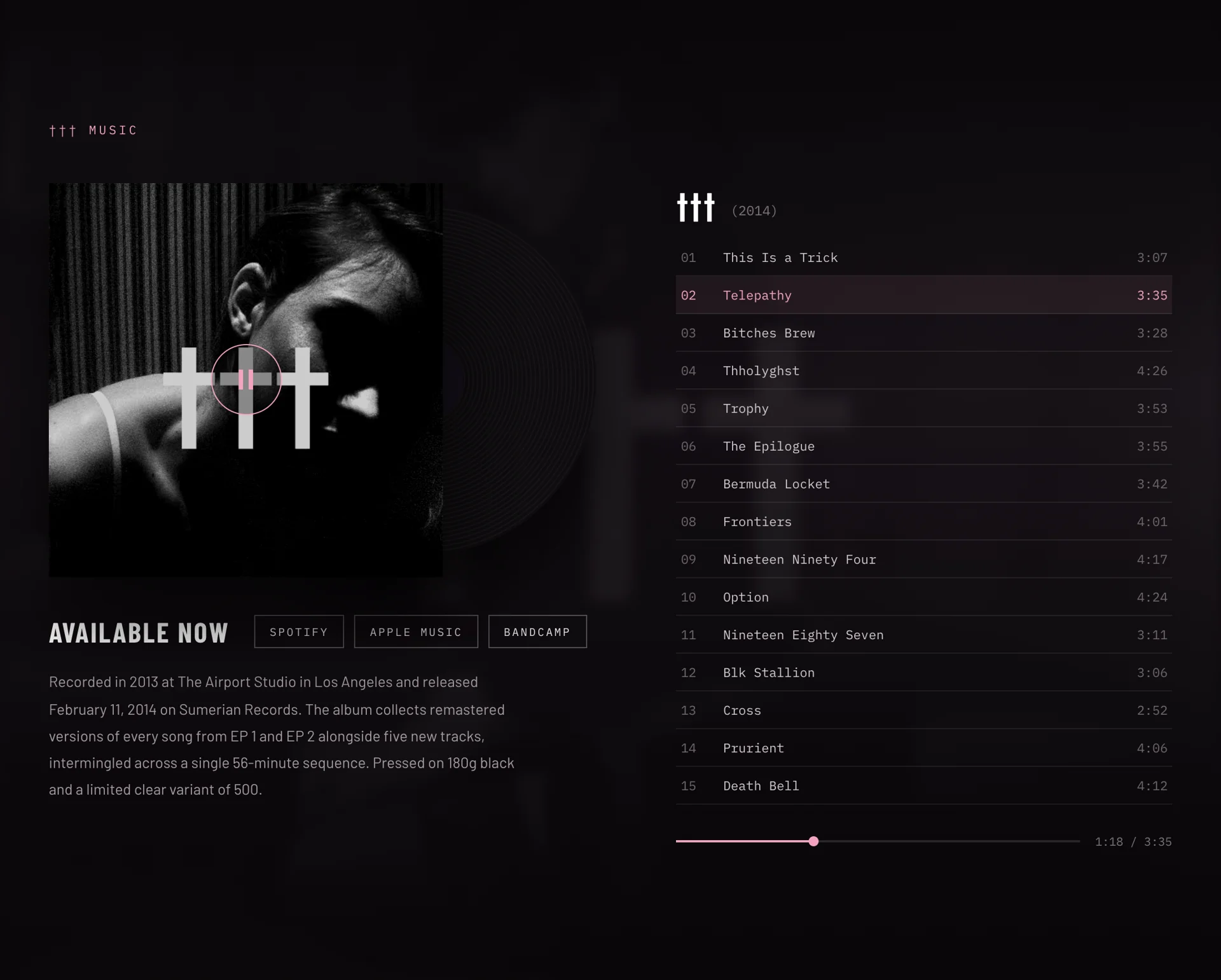 Crosses music page pairing cover artwork with an album track list
