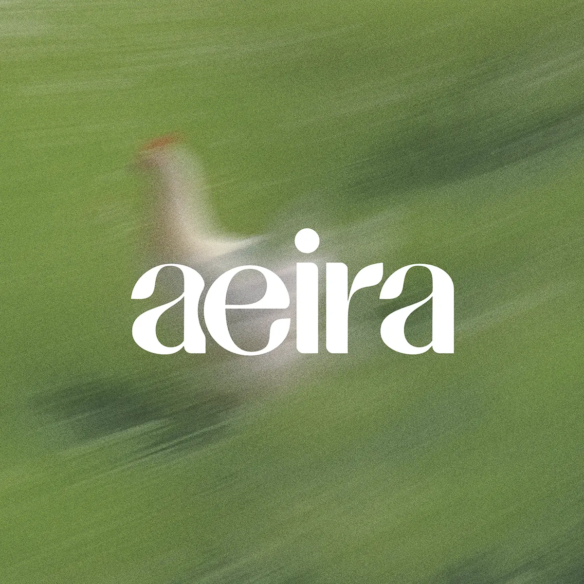 Aeira wordmark on motion blur meadow texture.